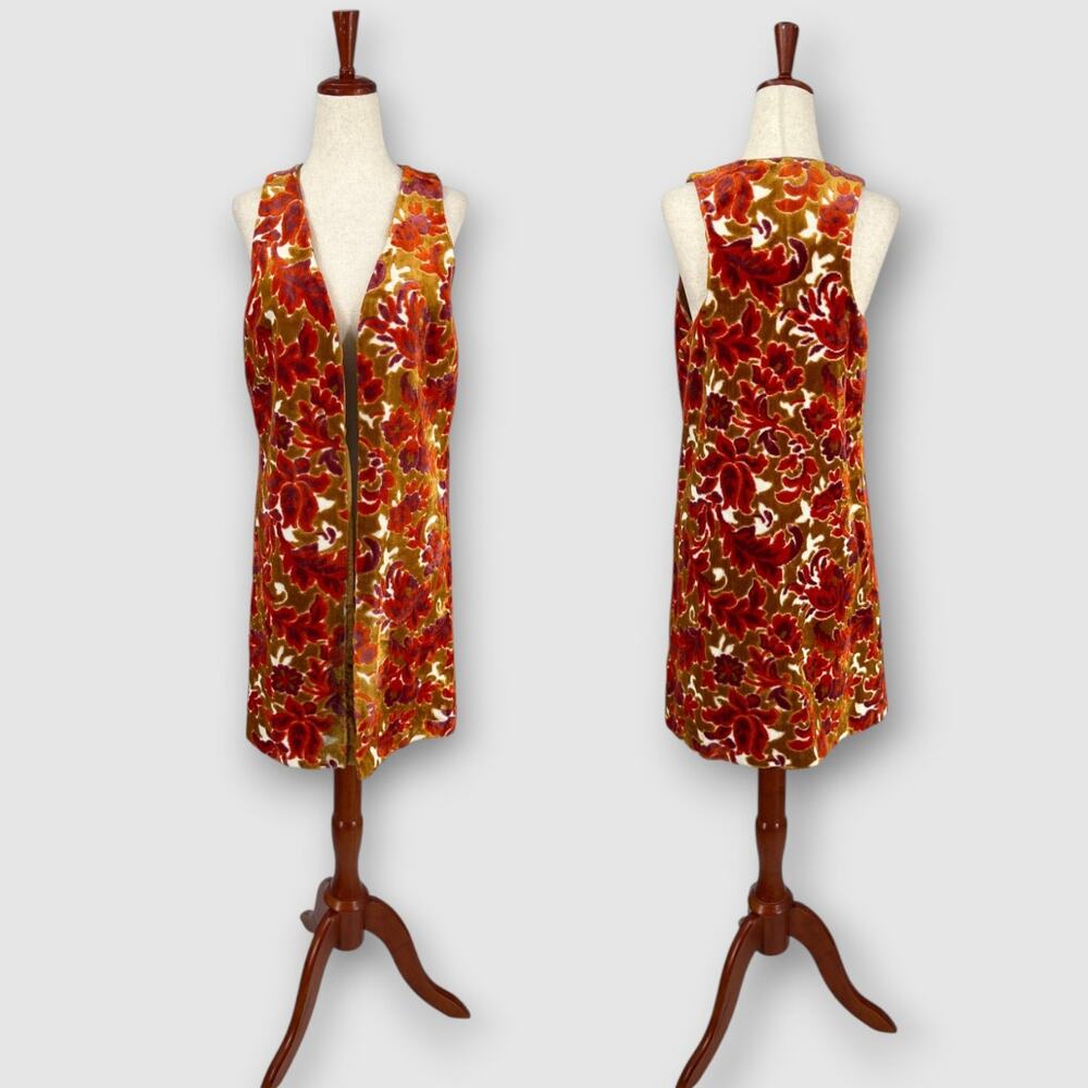 70s Vintage Orange Floral Cut Velvet Open Front Longline Vest - Picture 5 of 5